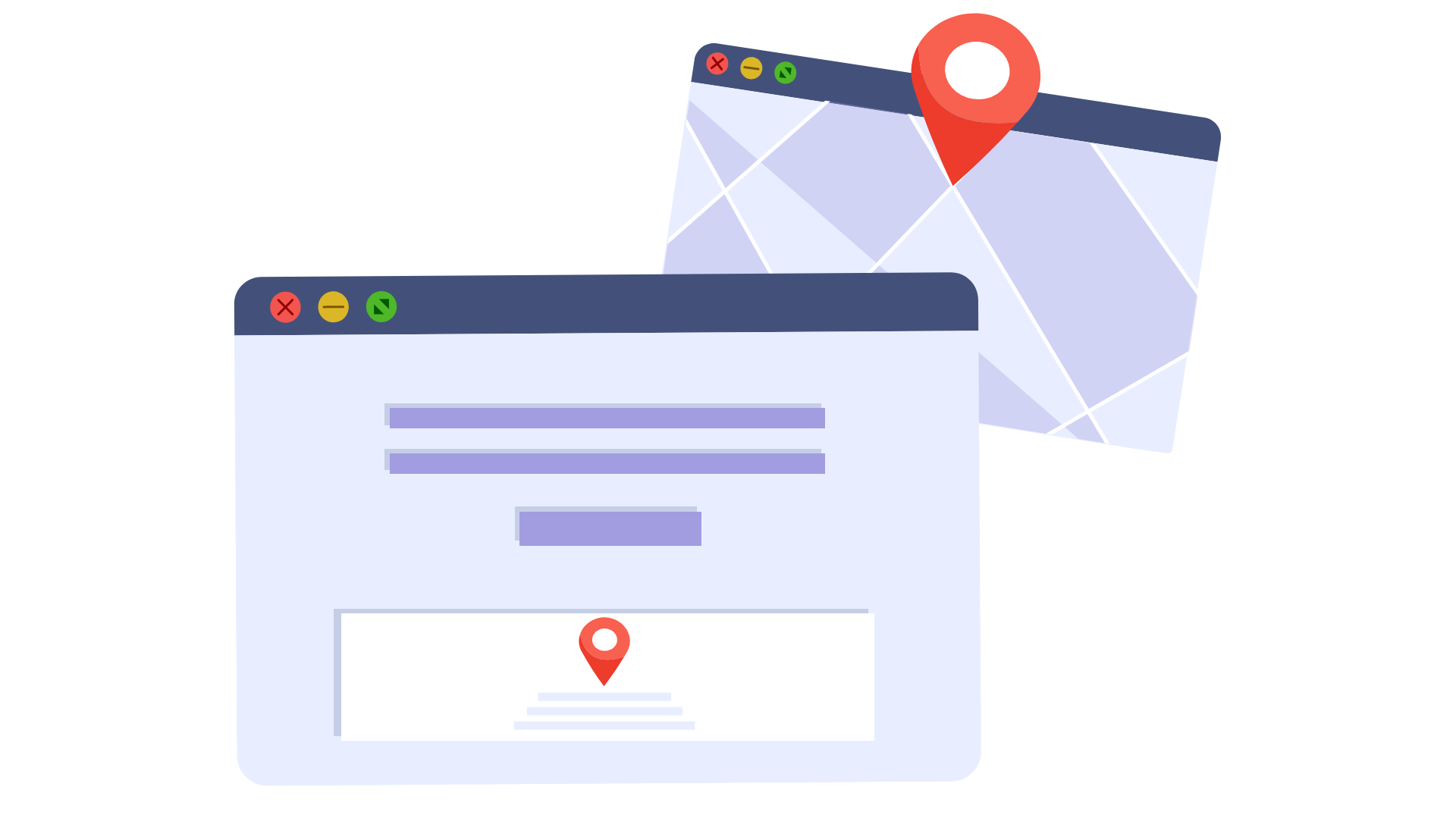 A landing page with company info and location in footer and a map with location pin. Illustration.