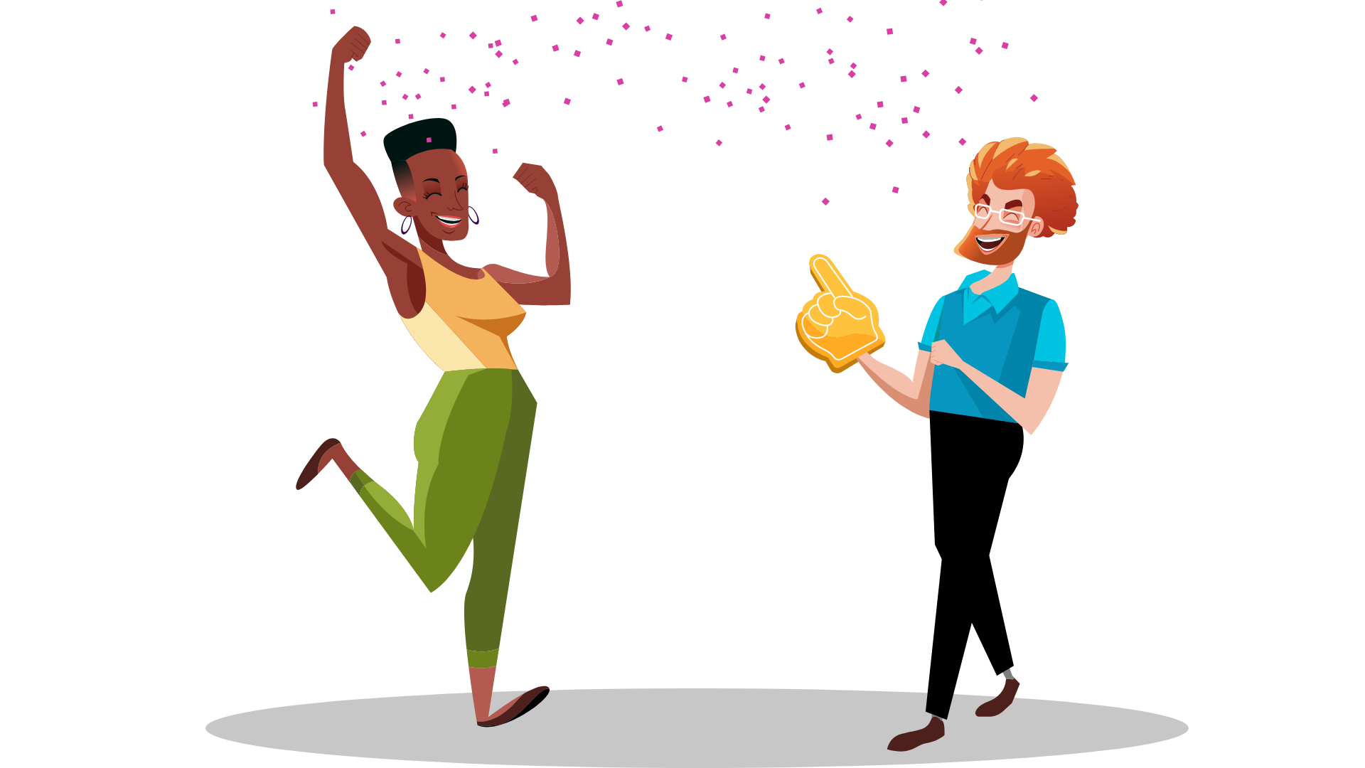 Two people laughing, cheering, and celebrating with confetti. Illustration.