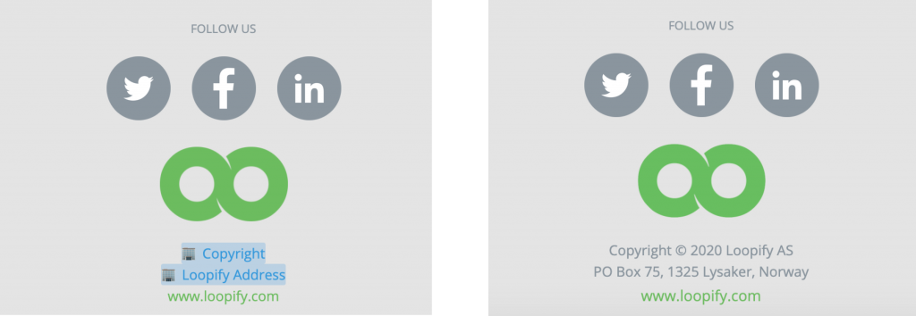 On the left is a footer with account variables, and on the right how the footer looks when the values are replaced.