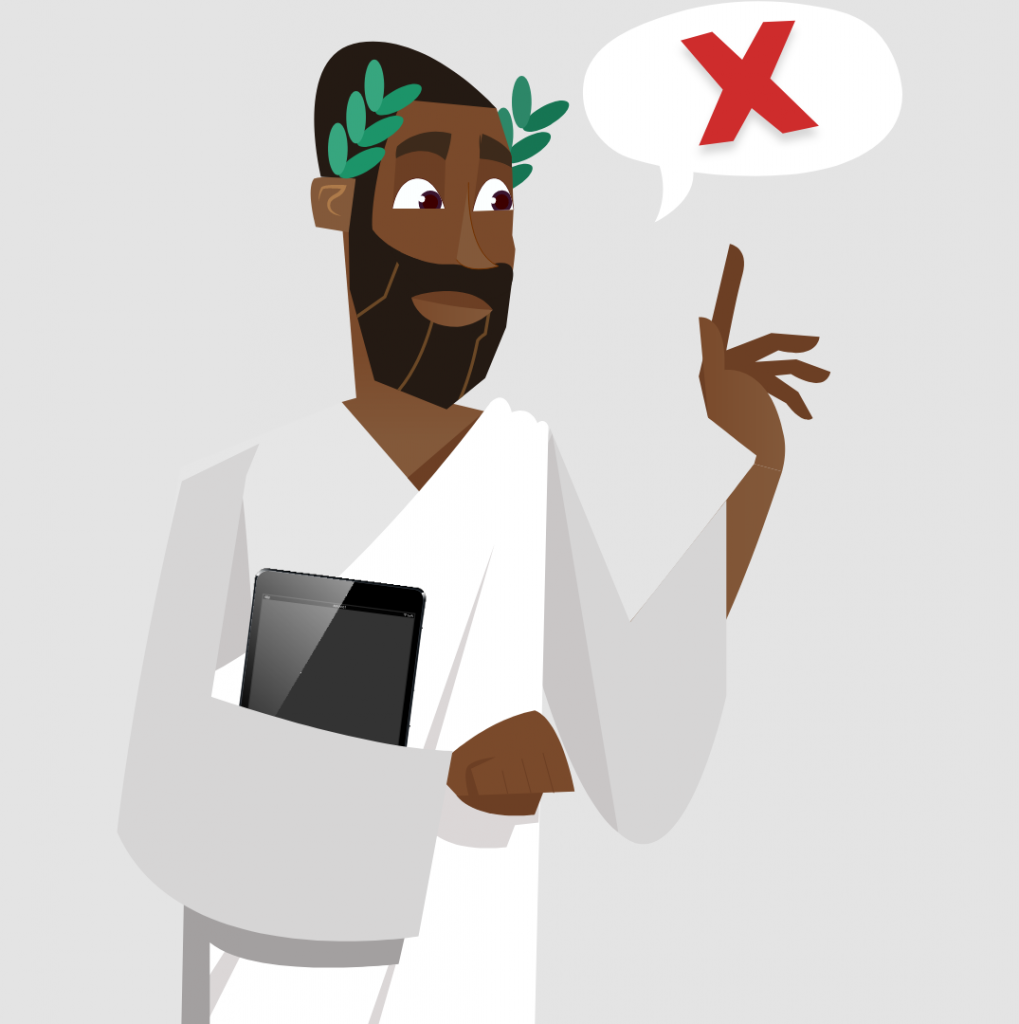A person in a toga with a speech bubble discussing the marketing automation myths. Illustration.