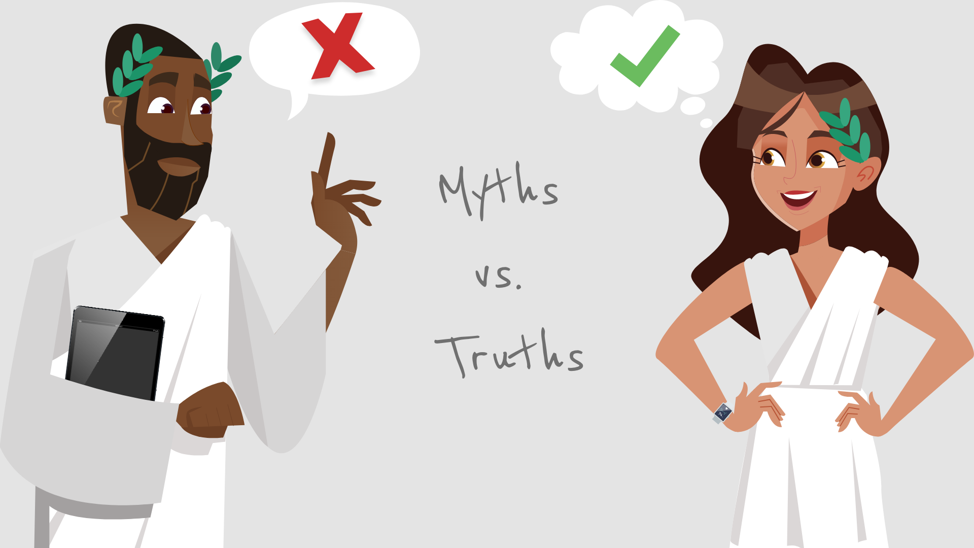 Two people in togas dicussing what's a myth and what's true about marketing automation. Illustration.