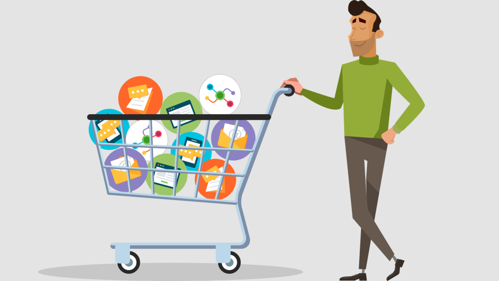 A happy person pushing a cart full of ready-made email, SMS, print, pages, flow campaigns. Illustration.