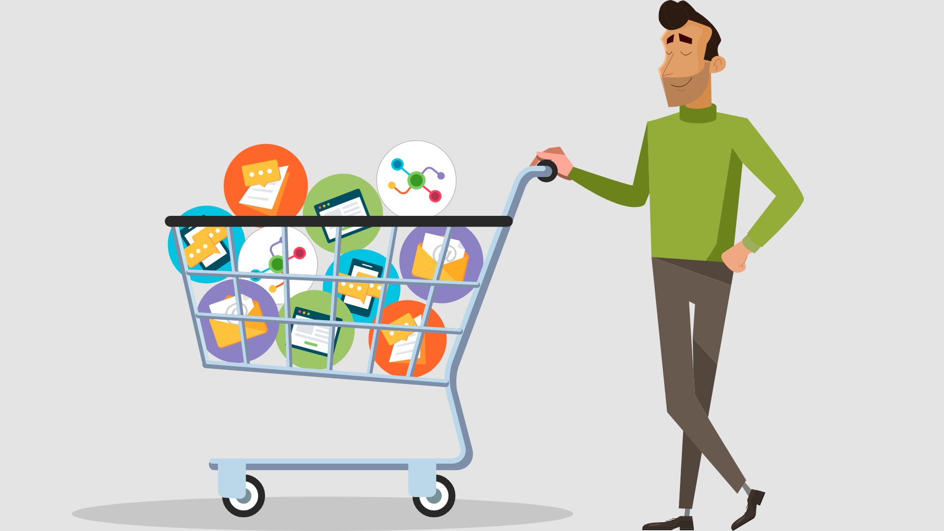 A person pushing a cart full of ready-made email, SMS, print, pages, flow campaigns. Illustration.