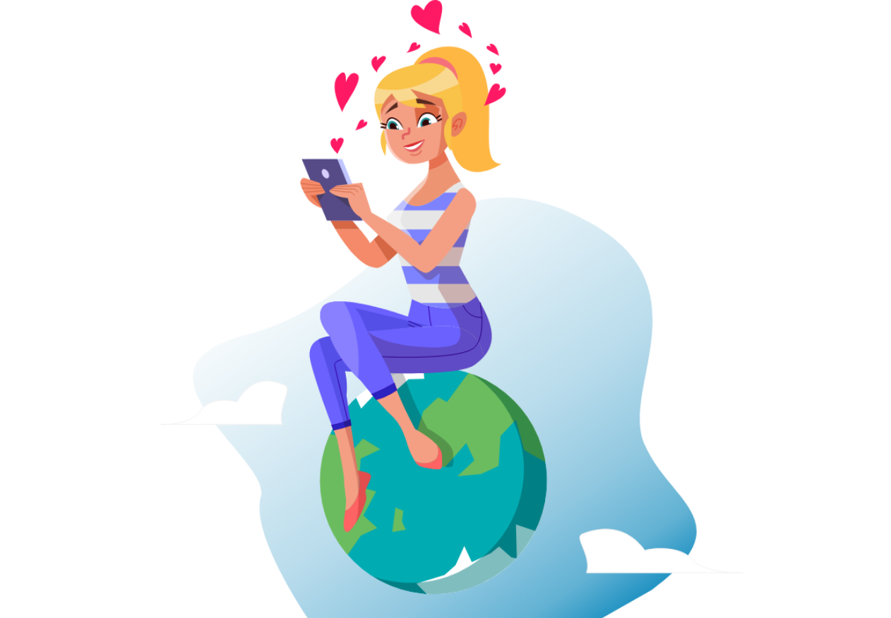 A girl sitting on top of the world, reading a text message. Illustration.