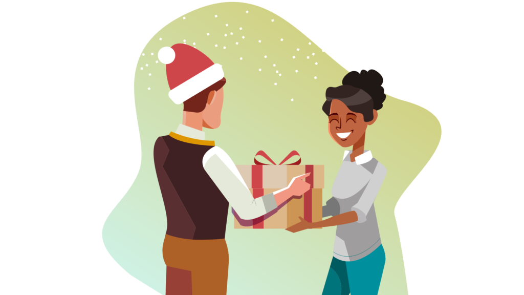 A person with a santa hat giving a holiday gift box to a customer.