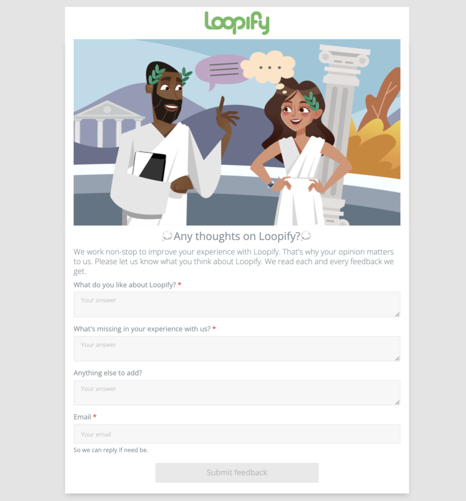 Landing page with a feedback form.