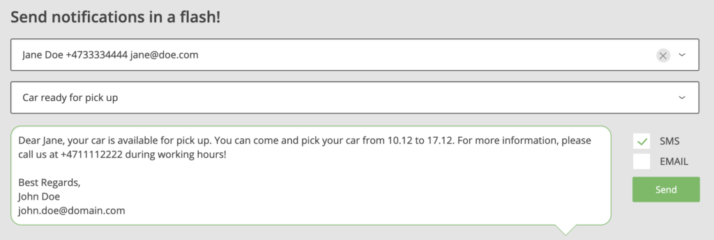 SMS reminder about car pick up sent via Notify in Loopify.