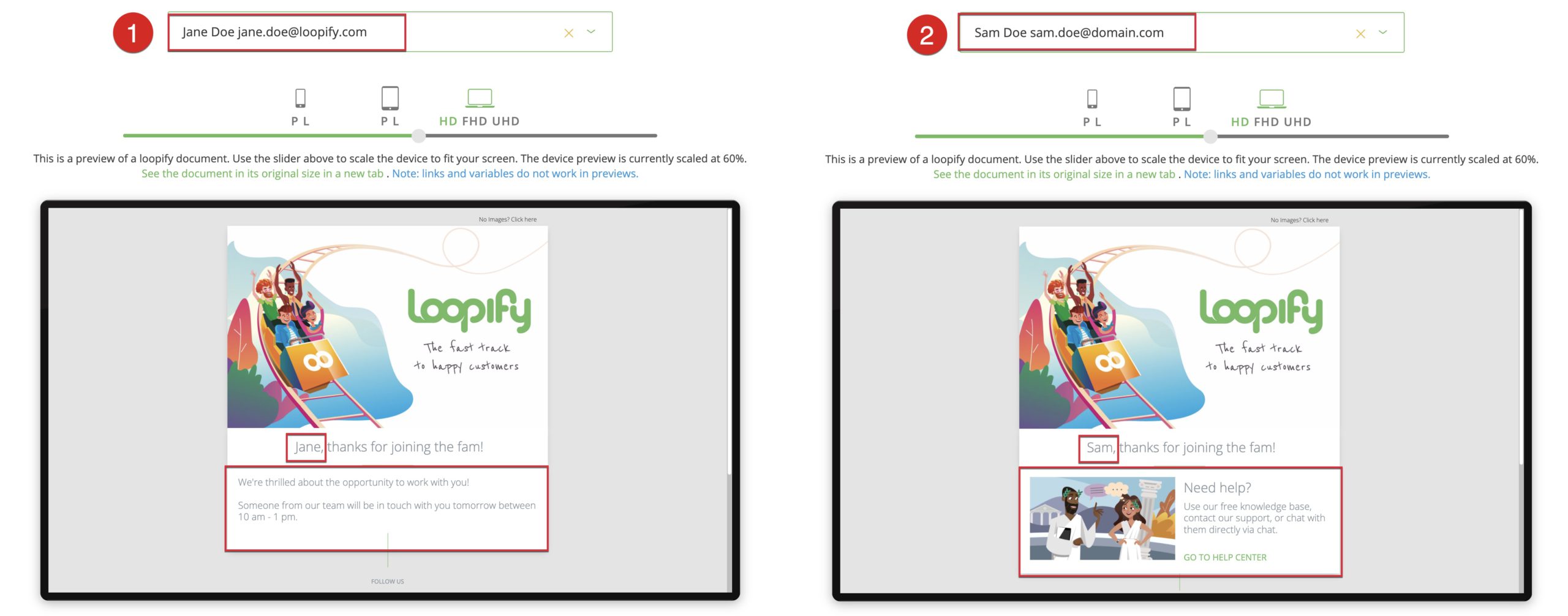 Preview of segmented content in email in Loopify.