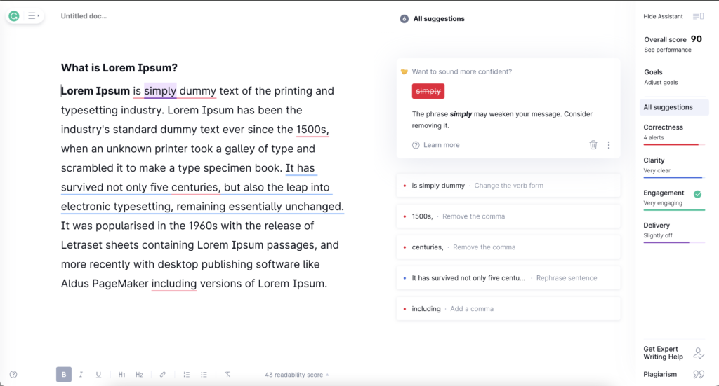 Screenshot of the Grammarly app editor.