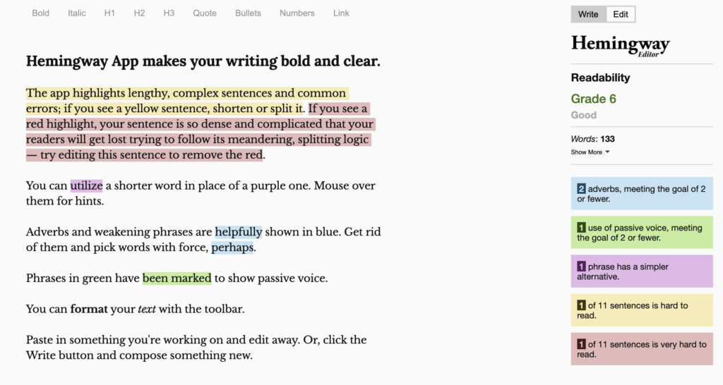 Screenshot of the Hemingway app editor.