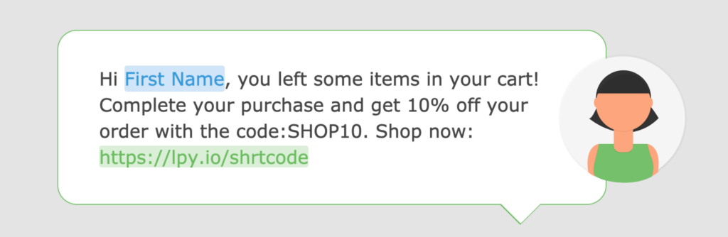 A screenshot of an abandoned cart text message in the Loopify SMS editor.