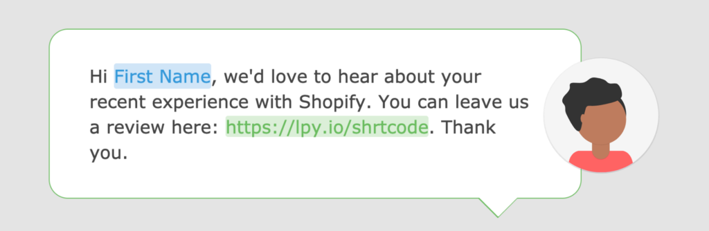 A screenshot of a feedback text message in the Loopify SMS editor.