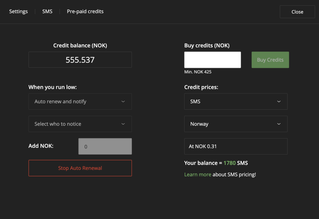 Screenshot of the SMS settings where you can add pre-paid credits in Loopify.