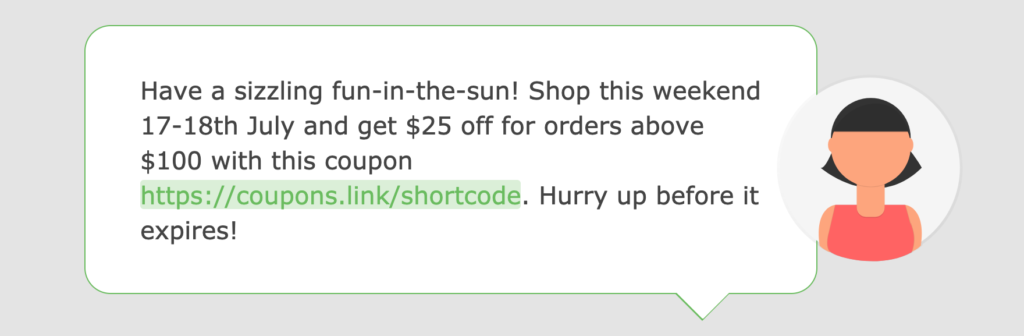 A screenshot of a coupon promotion in text message in the Loopify SMS editor.