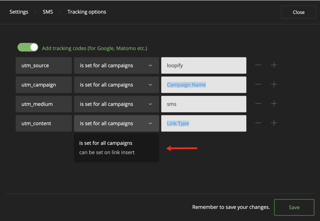 Settings for adding UTM tracking codes to SMS links in Loopify.