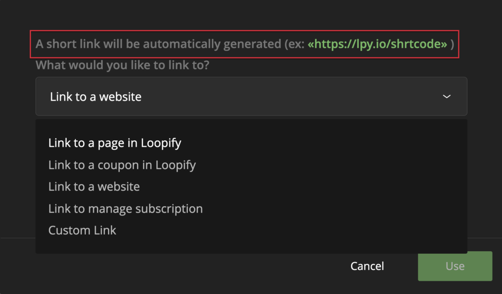 5 types of links you can use in SMS in Loopify and example of how they are shortened.