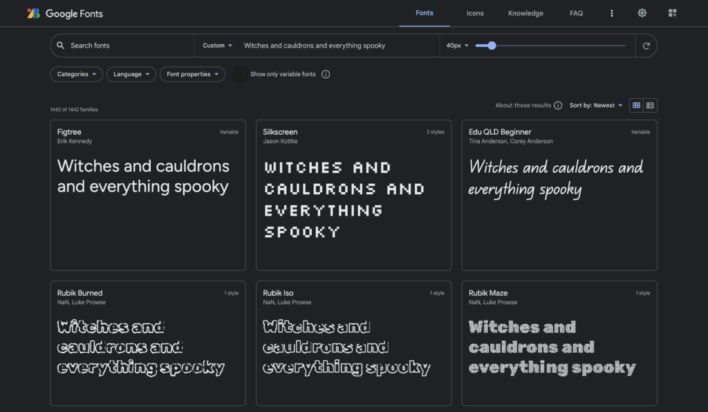 Examples of Google fonts.