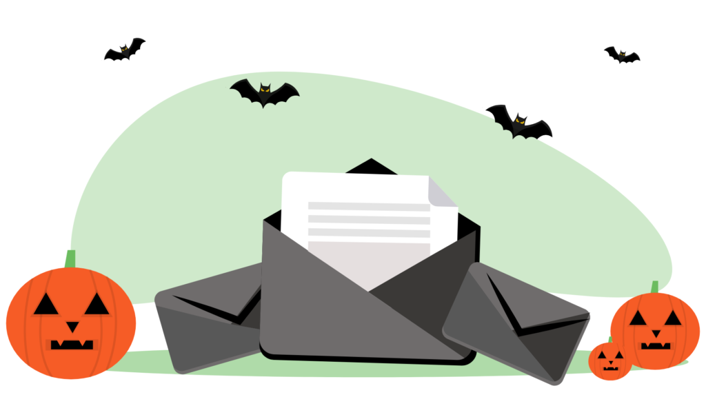 Black email envelopes surrounded with pumpkins and flying bats.