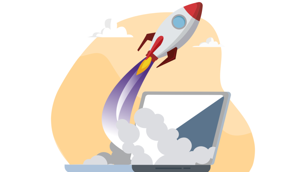 A rocket taking off a laptop. Illustration.