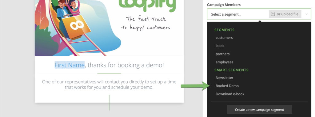 Loopify email campaign editor where you can select the segment of contacts you want to send to.