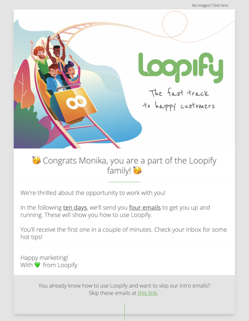 Loopify's welcome email for the onboarding program.