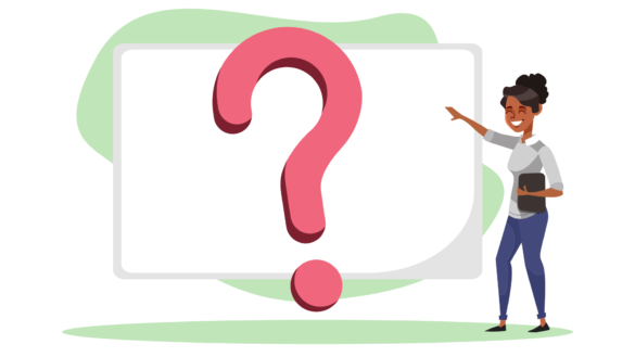 Demonstration board with question mark and a person pointing to it. Illustration.
