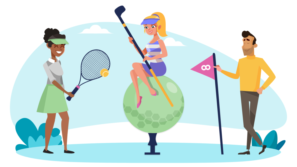 Three sports club members. Two golfers and a tennis player. Illustration.