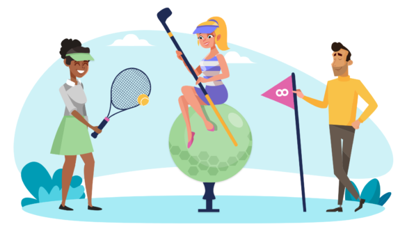 Three sports club members. Two golfers and a tennis player. Illustration.