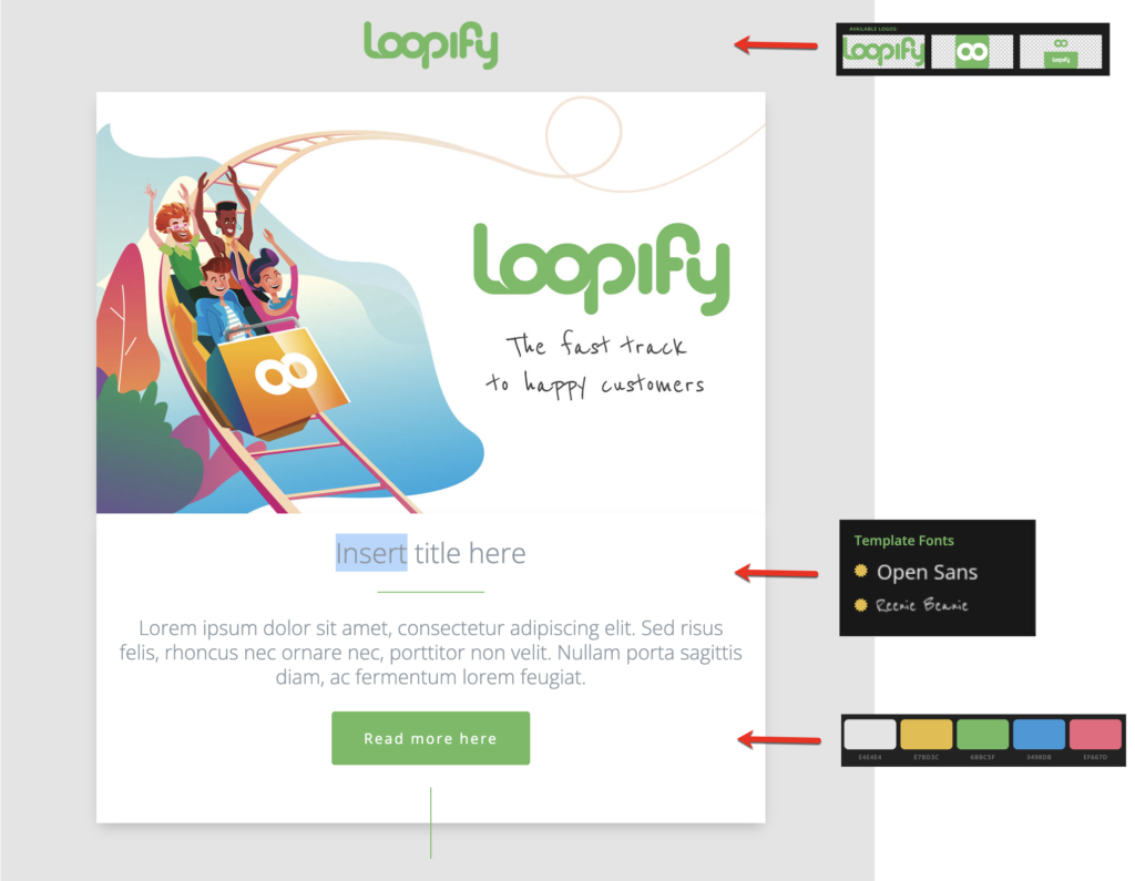 Brand styles like logo, fonts and colors implemented in email campaign in Loopify.