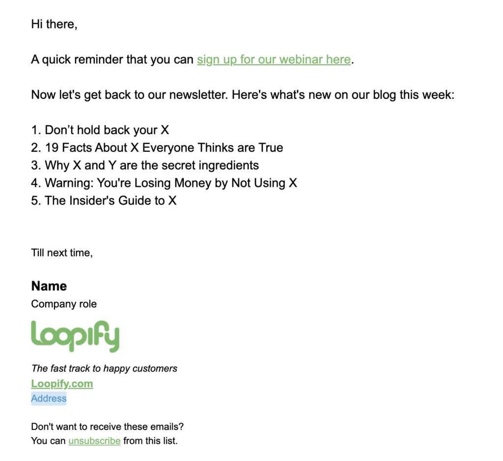 Screenshot of a plain-text email in Loopify.