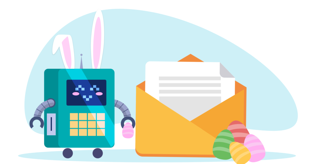 Small Loopify robot with bunny ears and an Easter email next to it. Illustration.