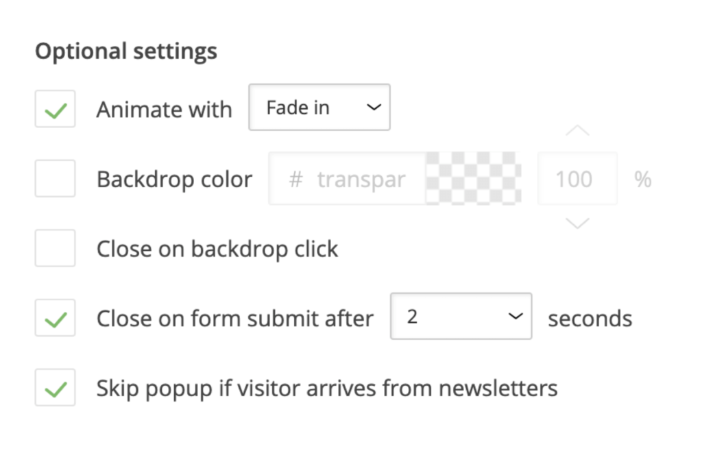 Optional pop-up settings in Loopify. 
