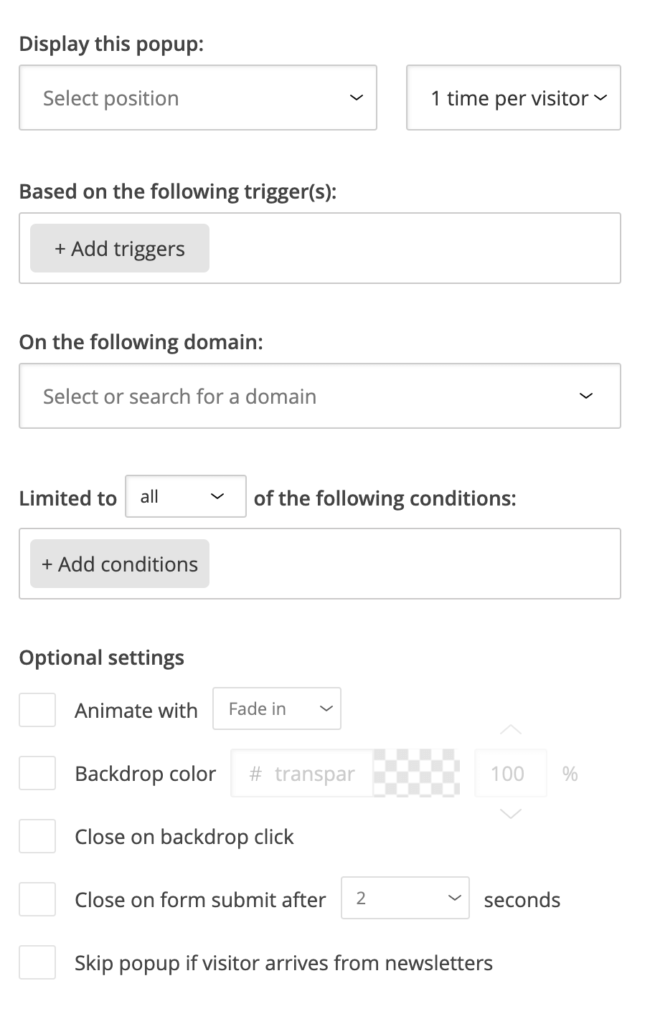 All pop-up settings in Loopify.