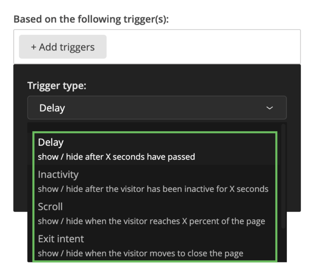Pop-up trigger settings in Loopify. 