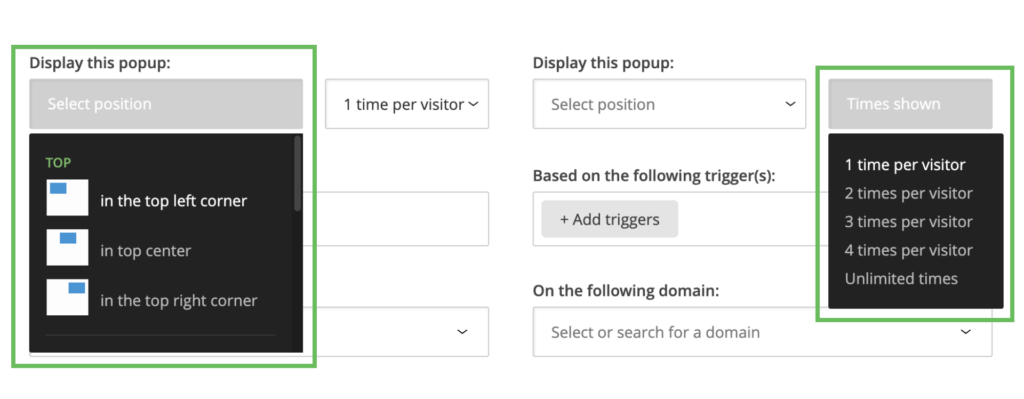 Position and frequency settings of pop-ups in Loopify.