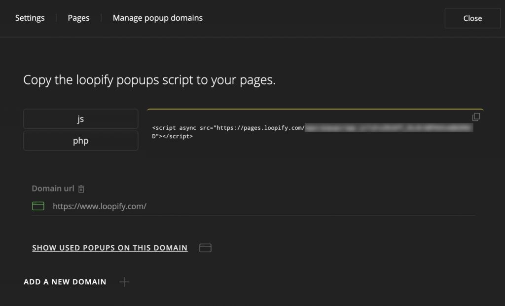 Manage pop-up domains in Loopify.