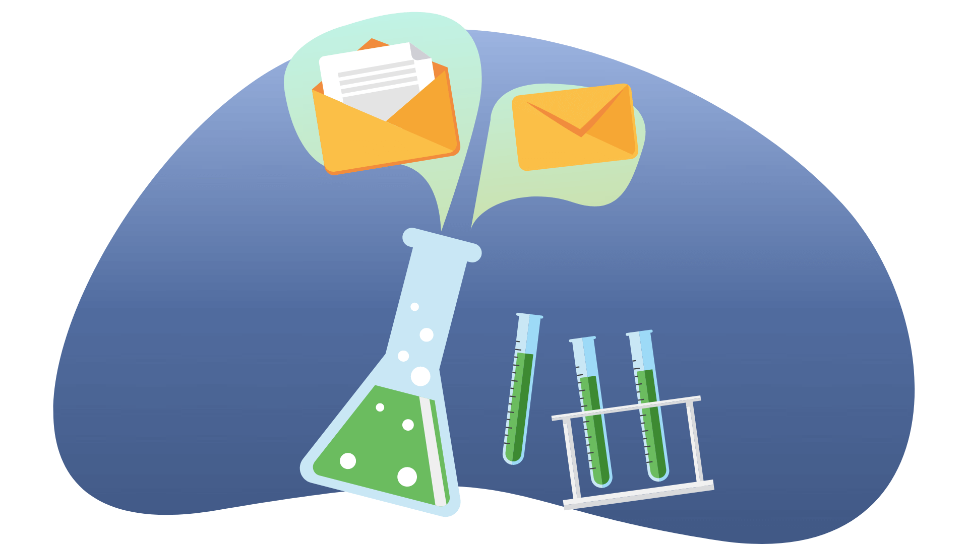 Test tubes with bubbles containg emails coming out of them. Illustration.