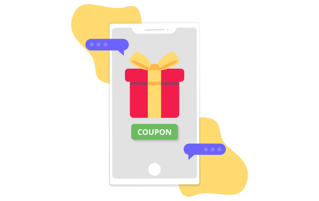 Mobile phone showing a coupon sent via a text message. Illustration.
