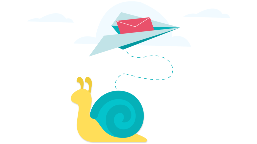 A snail sending a letter via a paper plane. Illustration.