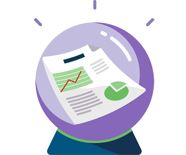 A crystal magic ball shows a report with charts inside it. Illustration. 