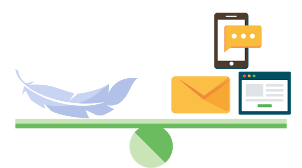 A balanced lever, on its left side a feather, on the right an email, a landing page, and a phone stacked together. Illustration.