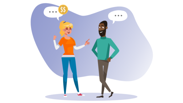 A referrer talking to a friend. Illustration.