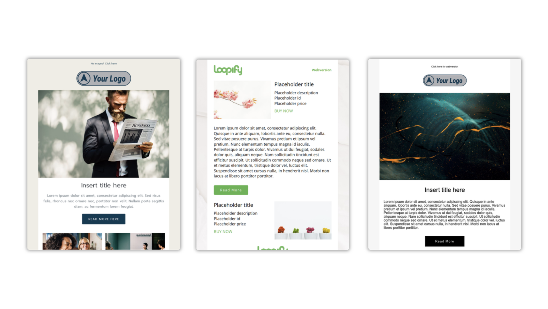 Screenshot of three email templates in Loopify library.