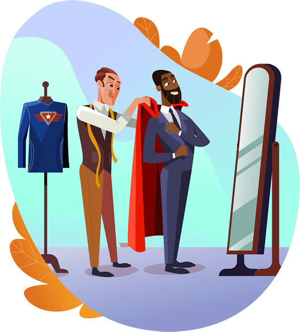 A professional tailor fits a superhero cape on his client's shoulders. Illustration.