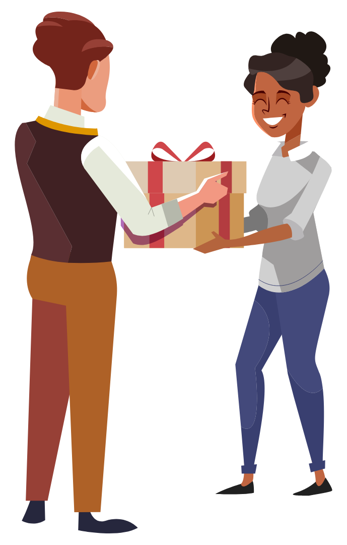 The partner hands over a gift box to a client. Illustration.