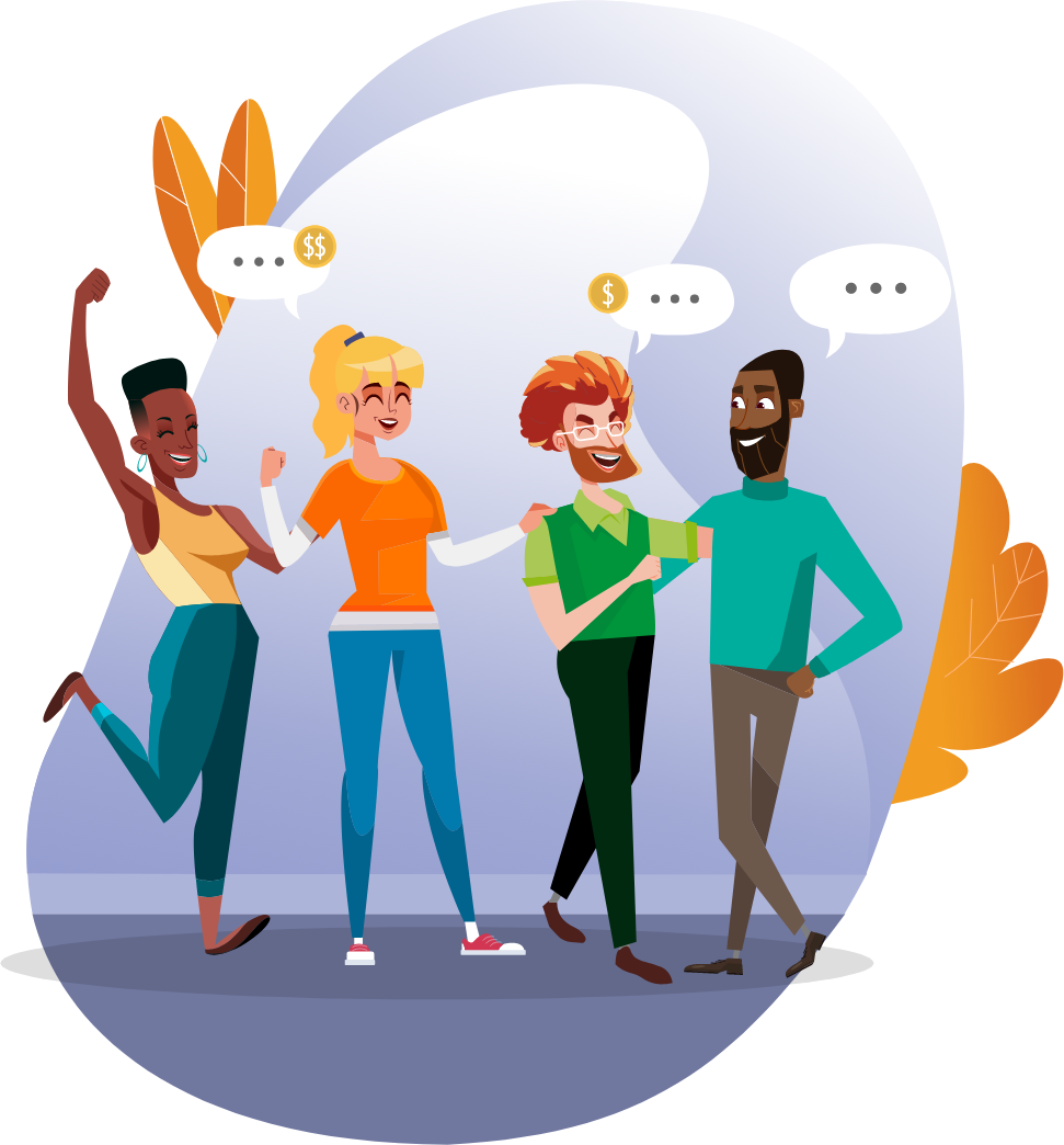 A person talking to a group of friends sharing recommendations that bring in referral fees. Illustration.