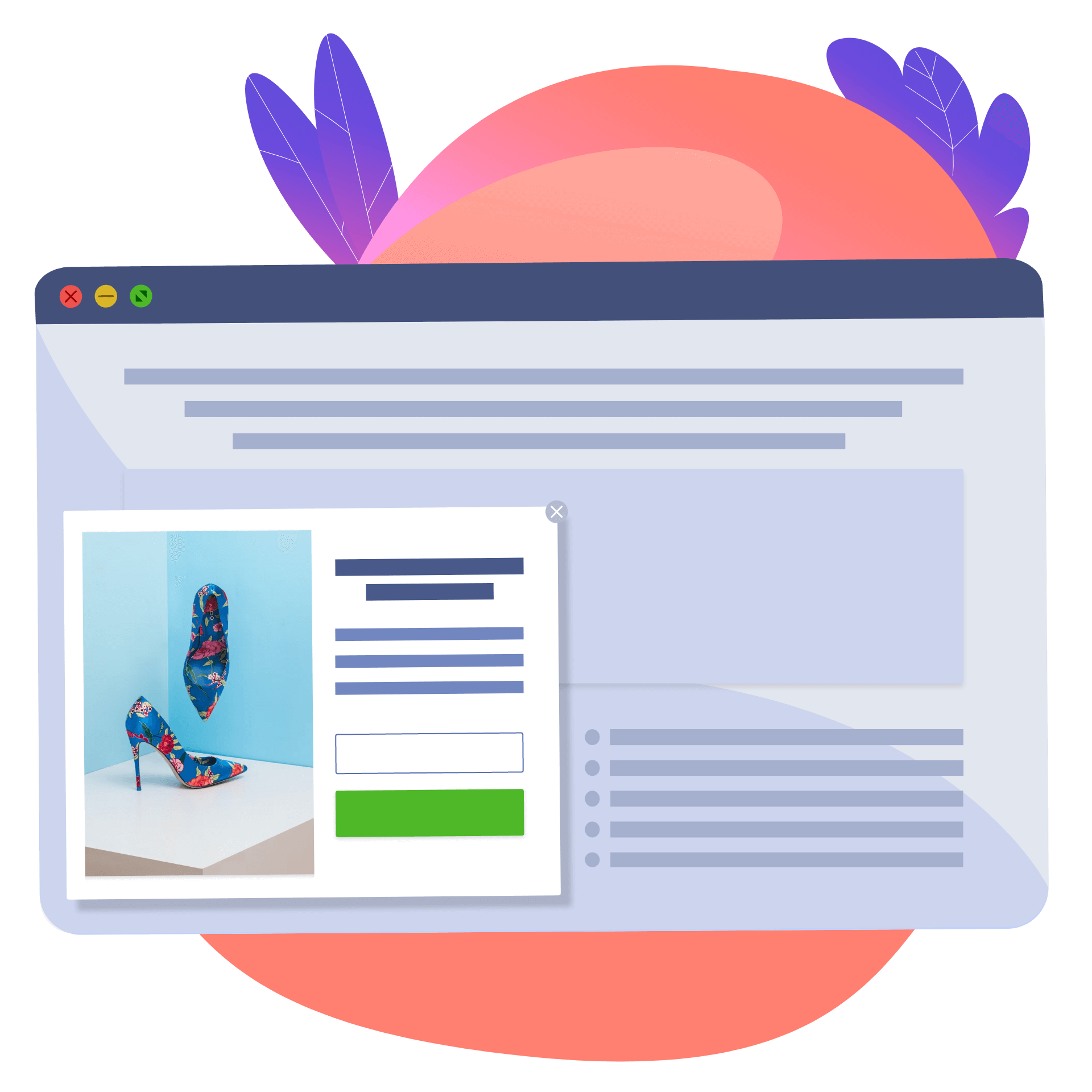 Website with a pop-up in the bottom left corner. Illustration.