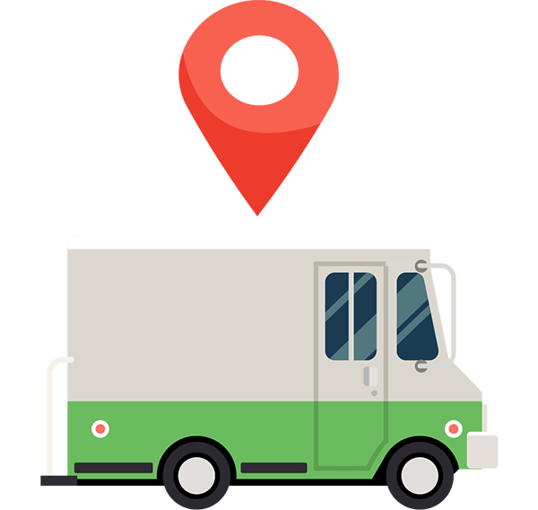 A mail truck with a location pin on top of it. Illustration. 