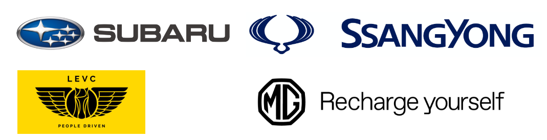 Subaru, SsangYong, LEVC, and MG Motors logos.